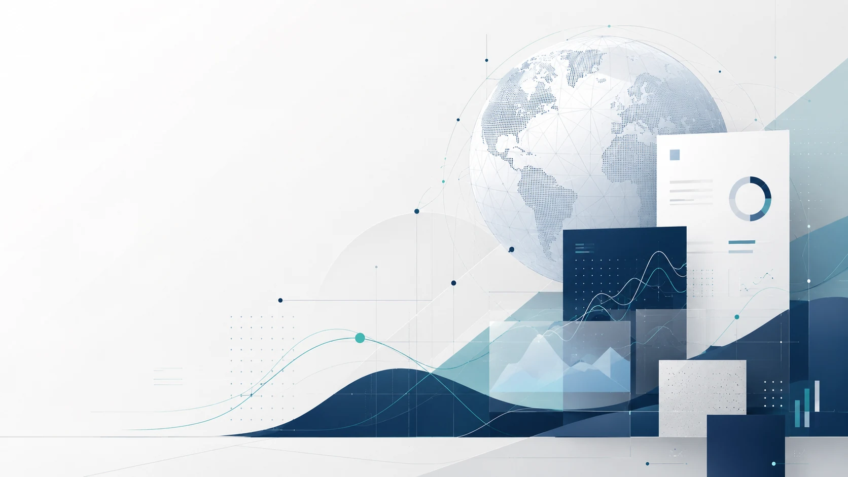 Abstract market briefing visual with report panels and global indicators